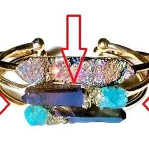 Raw Titanium Crystal Point Drusy Bangle w. Turquoise + Pyrite